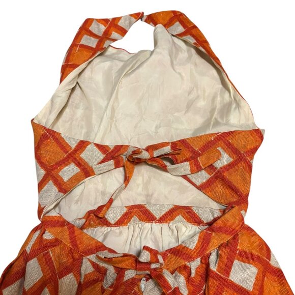 Vintage Handmade Open Back Orange Midcentury Modern Halter Dress - Picture 3 of 8